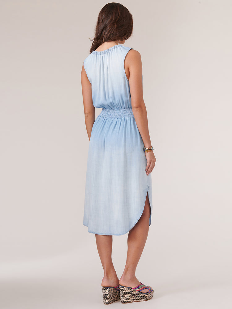 
            
                Load image into Gallery viewer, Light Powder Blue Sleeveless Ruched Neck Smocked Waist Faded Dye Woven Dress
            
        