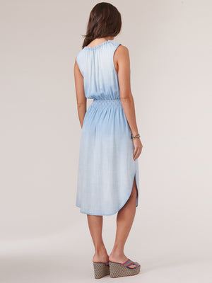 
            
                Load image into Gallery viewer, Light Powder Blue Sleeveless Ruched Neck Smocked Waist Faded Dye Woven Dress
            
        