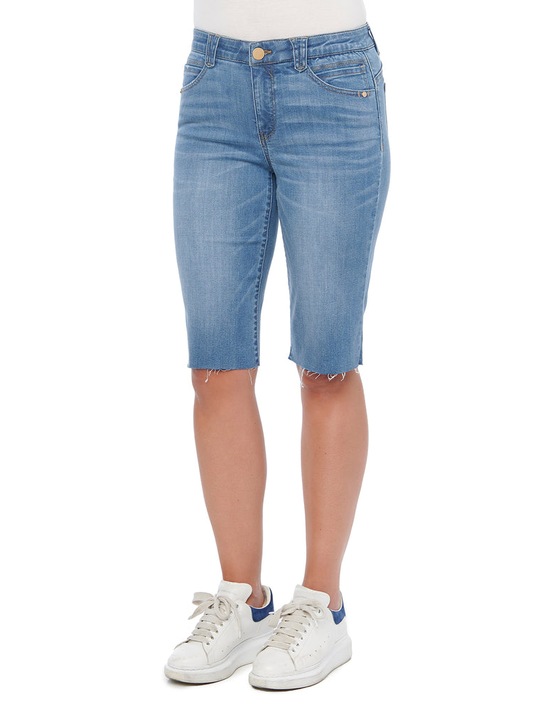 Absolution Raw Hem Bermuda Cutoff Booty Lift Jean Shorts Artisanal Blue Luxe Soft Stretch Lyocell Denim Long Shorts