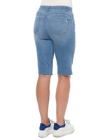 Absolution Raw Hem Bermuda Cutoff Booty Lift Jean Shorts Artisanal Blue Luxe Soft Stretch Lyocell Denim Long Shorts