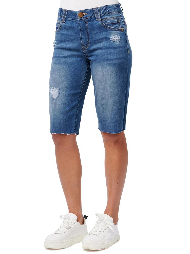 
            
                Load image into Gallery viewer, Absolution High Rise Raw Hem Distressed Blue Denim Sustainable Bermuda Shorts
            
        