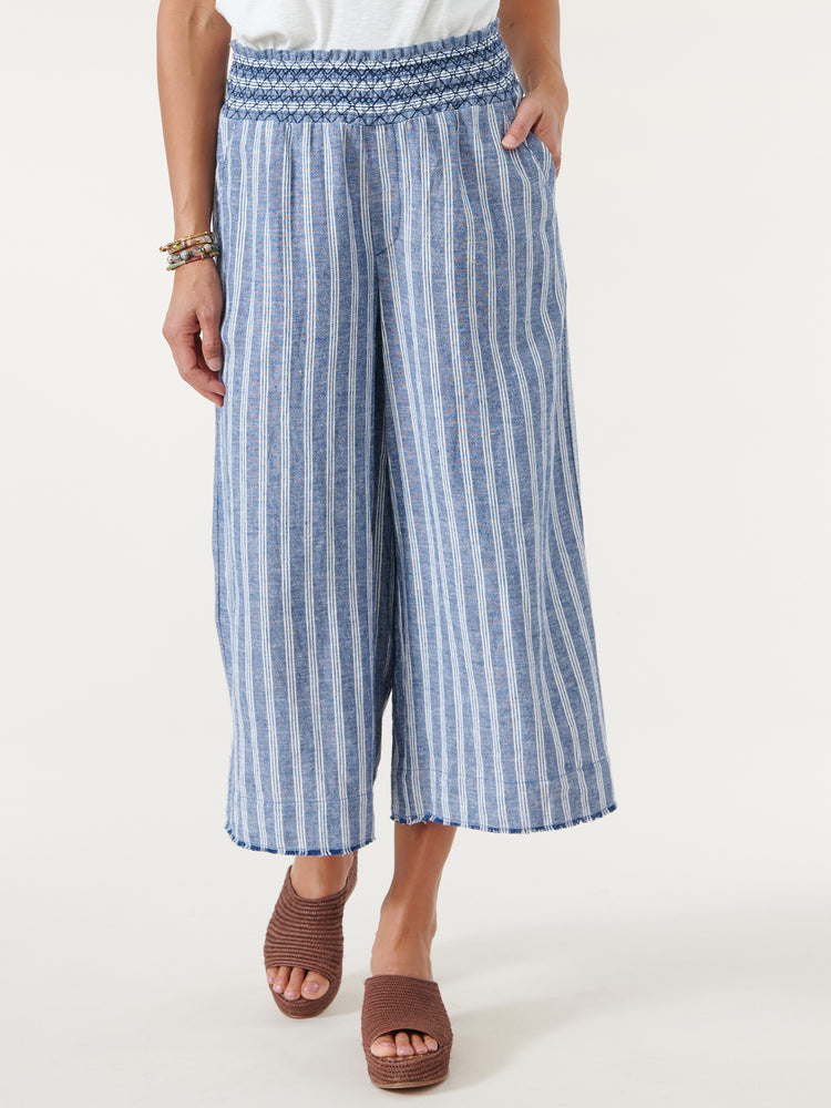 
            
                Load image into Gallery viewer, Navy Blue White Skyrise Embroidered Smocked Waist Wide Stripe Cropped Pants
            
        