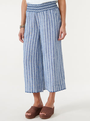 
            
                Load image into Gallery viewer, Navy Blue White Skyrise Embroidered Smocked Waist Wide Stripe Cropped Pants
            
        