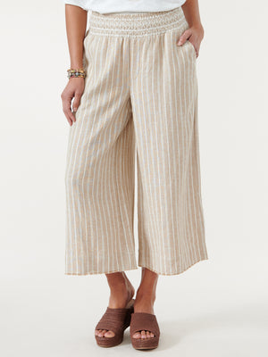 Tan White Skyrise Embroidered Smocked Waist Striped Cropped Pants