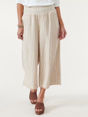 Tan White Skyrise Embroidered Smocked Waist Striped Cropped Pants