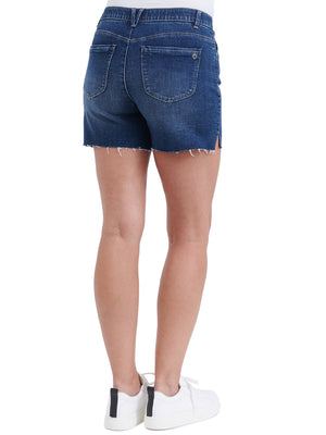 
            
                Load image into Gallery viewer, Absolution Blue High Rise Raw Hem Side Slit Shorts
            
        