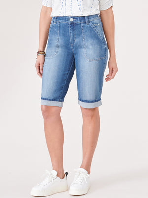 
            
                Load image into Gallery viewer, &amp;quot;Ab&amp;quot;solution High Rise Blue Denim Cuffed Bermuda Shorts
            
        