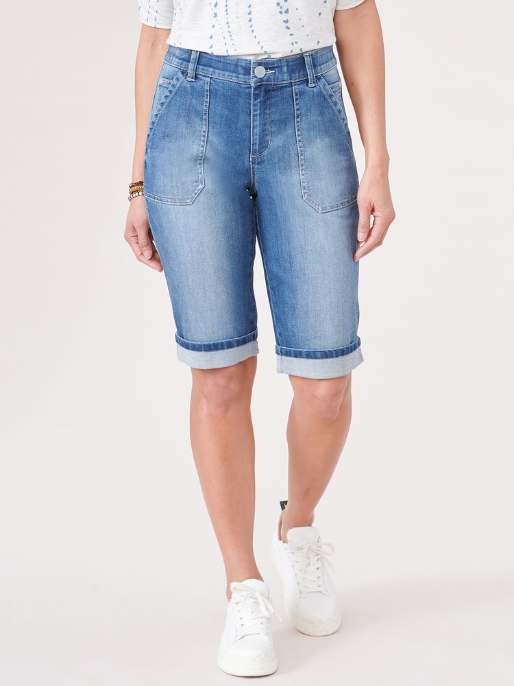 
            
                Load image into Gallery viewer, &amp;quot;Ab&amp;quot;solution High Rise Blue Denim Cuffed Bermuda Shorts
            
        