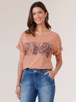 Sienna Clay Extended Roll Cuff Cap Sleeve Scoop Neck Floral Print Knit Tee