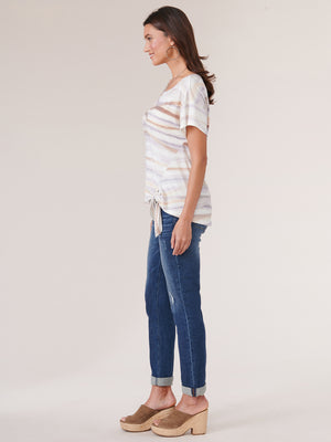 
            
                Load image into Gallery viewer, Warm Sand Multi Short Sleeve Scoop Neck Side Tie Striped Knit Top
            
        