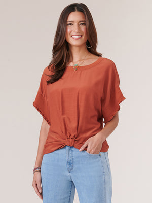 Amber Spice Extended Short Sleeve Round Neck Knot Front Woven Top