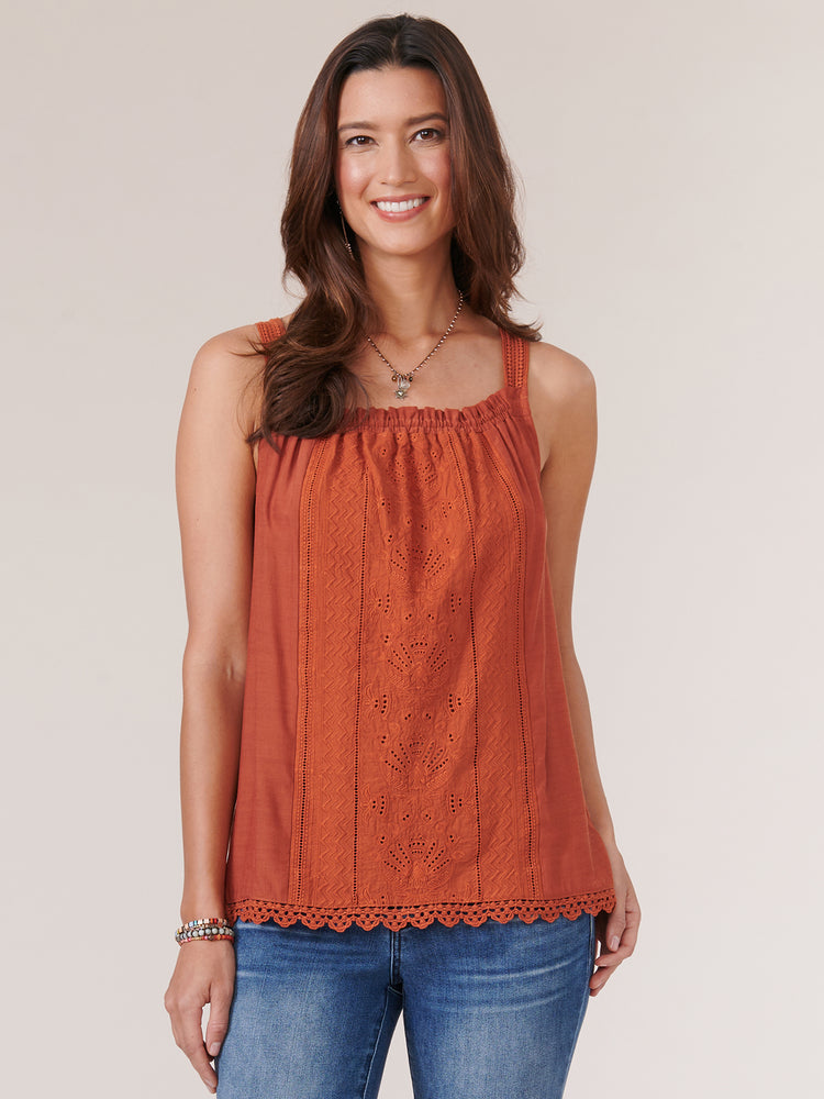 Amber Spice Sleeveless Ruched Square Neck Embroidered Woven Tank Top
