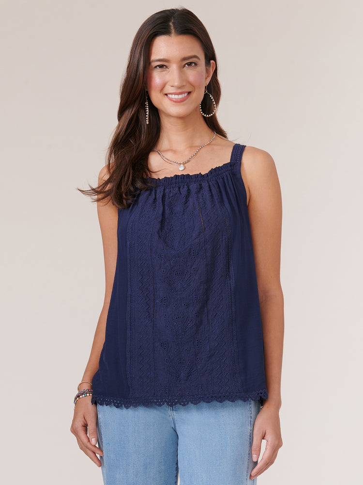 
            
                Load image into Gallery viewer, Midnight Sapphire Blue Sleeveless Ruched Square Neck Embroidered Woven Tank Top
            
        