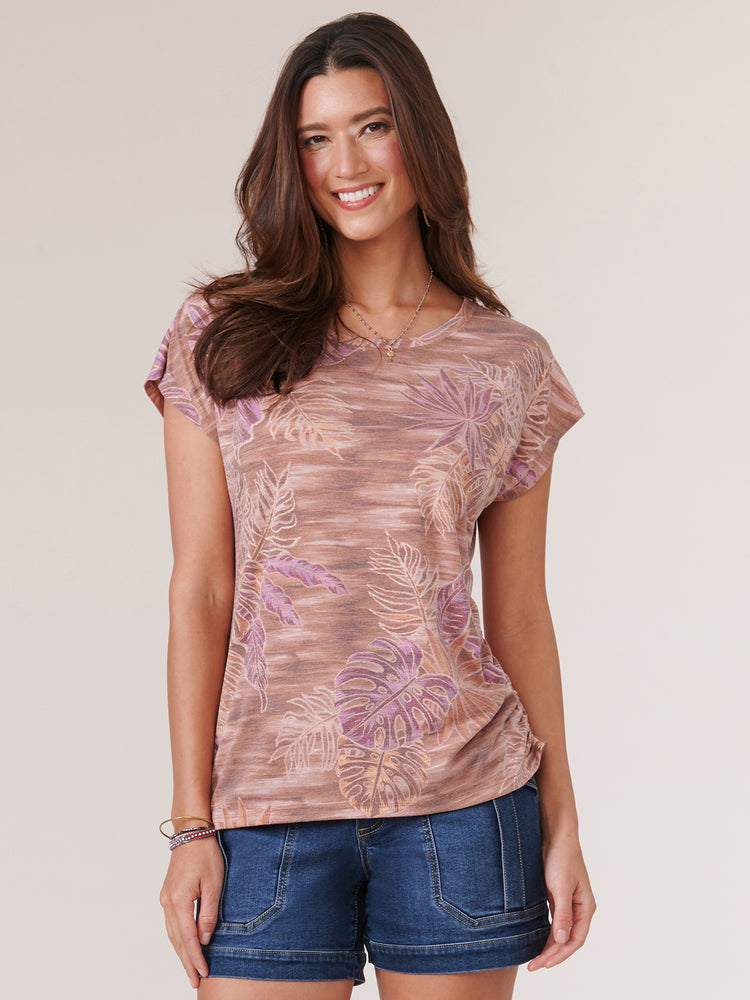 
            
                Load image into Gallery viewer, Sienna Clay Multi Extended Short Sleeve Scoop Neck Palm Print Knit Top
            
        