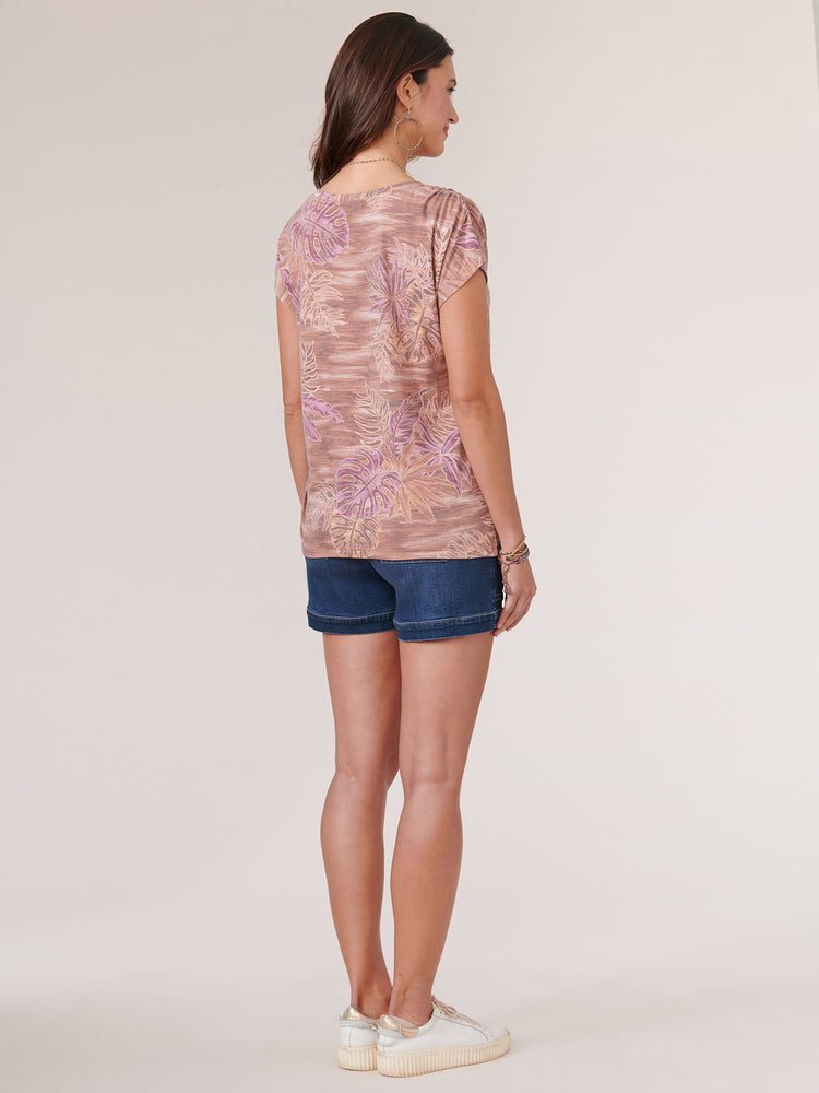 
            
                Load image into Gallery viewer, Sienna Clay Multi Extended Short Sleeve Scoop Neck Palm Print Knit Top
            
        