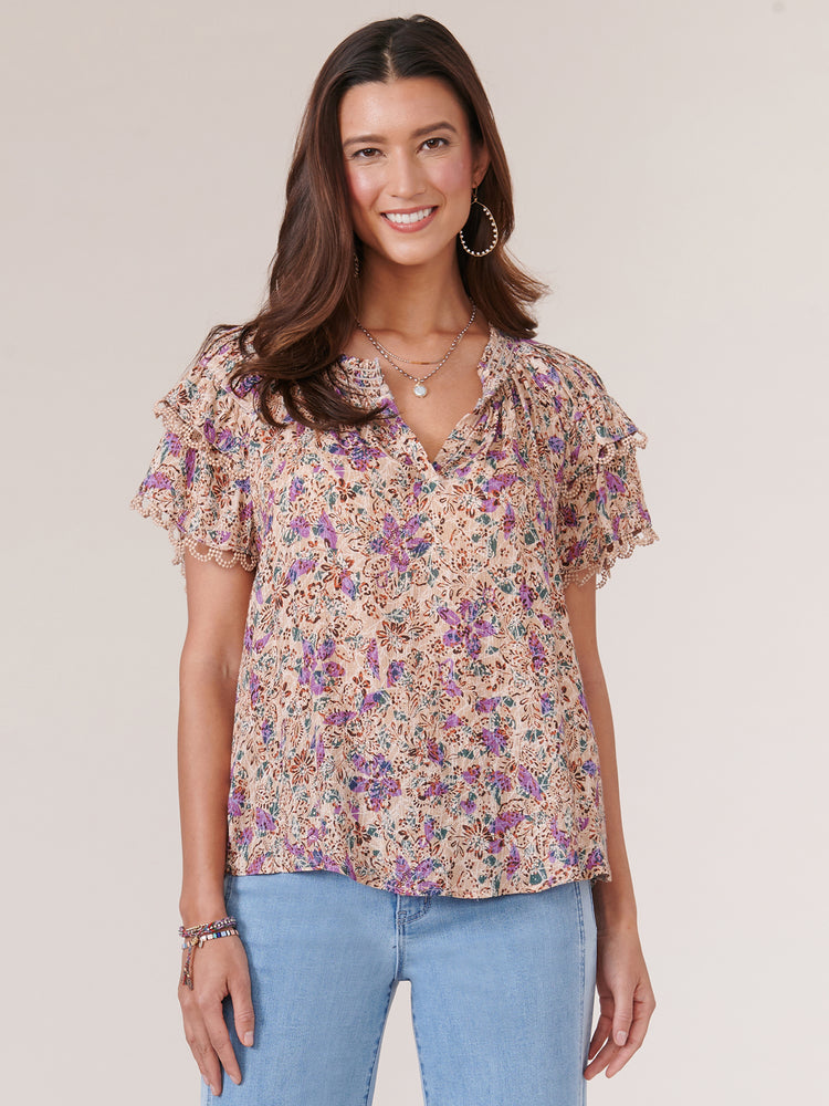 
            
                Load image into Gallery viewer, Sienna Clay Purple Multi Double Flounce Short Sleeve Smock Neck Floral Print Woven Top
            
        