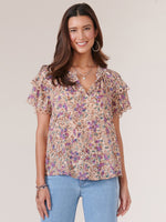 Sienna Clay Purple Multi Double Flounce Short Sleeve Smock Neck Floral Print Woven Top