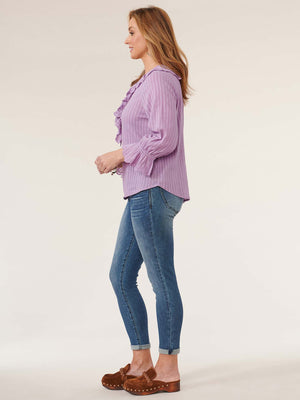 
            
                Load image into Gallery viewer, Orchid Bloom Three Quarter Blouson Flounce Sleeve Ruffle Edge V Neck Woven Top
            
        