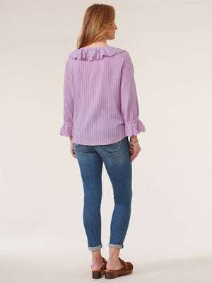 
            
                Load image into Gallery viewer, Orchid Bloom Three Quarter Blouson Flounce Sleeve Ruffle Edge V Neck Woven Top
            
        