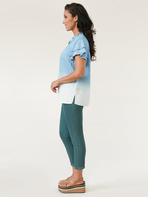 
            
                Load image into Gallery viewer, Light Blue White Double Flutter Short Sleeve Ruffle Neck Soft Dip Dye Top
            
        
