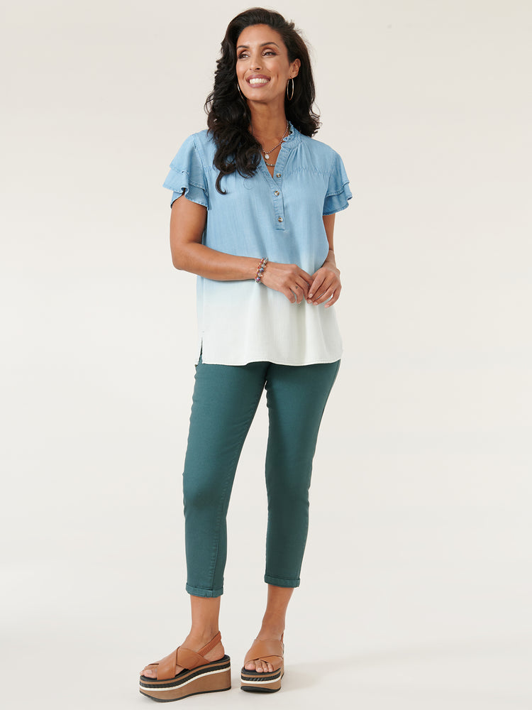 
            
                Load image into Gallery viewer, Light Blue White Double Flutter Short Sleeve Ruffle Neck Soft Dip Dye Top
            
        