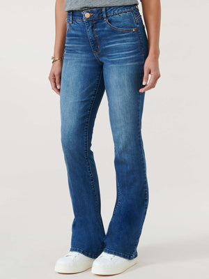 
            
                Load image into Gallery viewer, &amp;quot;Ab&amp;quot;solution High Rise Blue Denim Cascading D Embroidered Pocket Petite Itty Bitty Boot
            
        