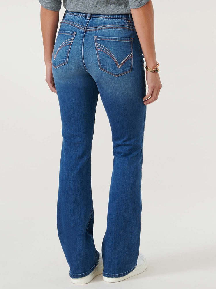 
            
                Load image into Gallery viewer, &amp;quot;Ab&amp;quot;solution High Rise Blue Denim Cascading D Embroidered Pocket Petite Itty Bitty Boot
            
        