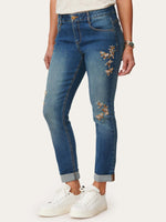 Blue "Ab"solution Roll Cuff Floral Embroidered Petite Girlfriend Jeans