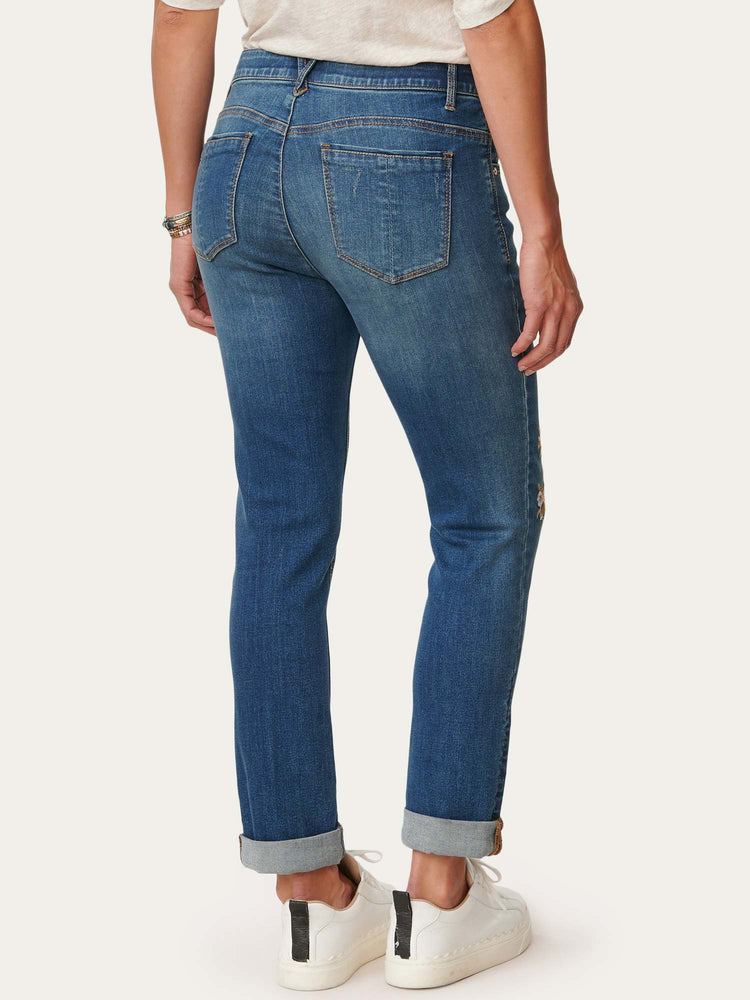 
            
                Load image into Gallery viewer, Blue &amp;quot;Ab&amp;quot;solution Roll Cuff Floral Embroidered Petite Girlfriend Jeans
            
        