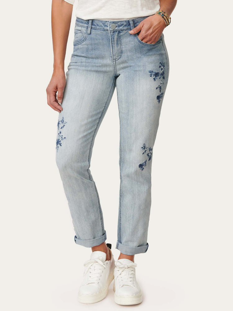 Light Blue Denim "Ab"solution Floral Embroidered Petite Girlfriend Jeans