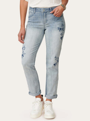 
            
                Load image into Gallery viewer, Light Blue Denim &amp;quot;Ab&amp;quot;solution Floral Embroidered Petite Girlfriend Jeans
            
        