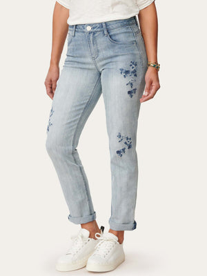 
            
                Load image into Gallery viewer, Light Blue Denim &amp;quot;Ab&amp;quot;solution Floral Embroidered Petite Girlfriend Jeans
            
        