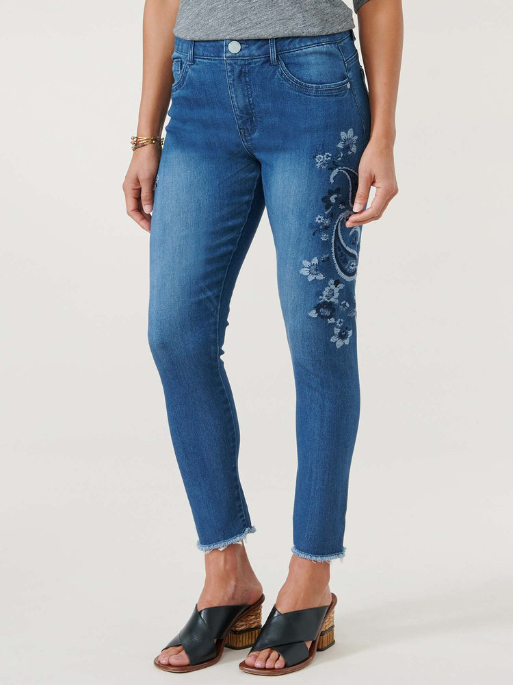 Blue Denim "Ab"solution Floral Embroidered Petite Seamless Ankle Skimmer