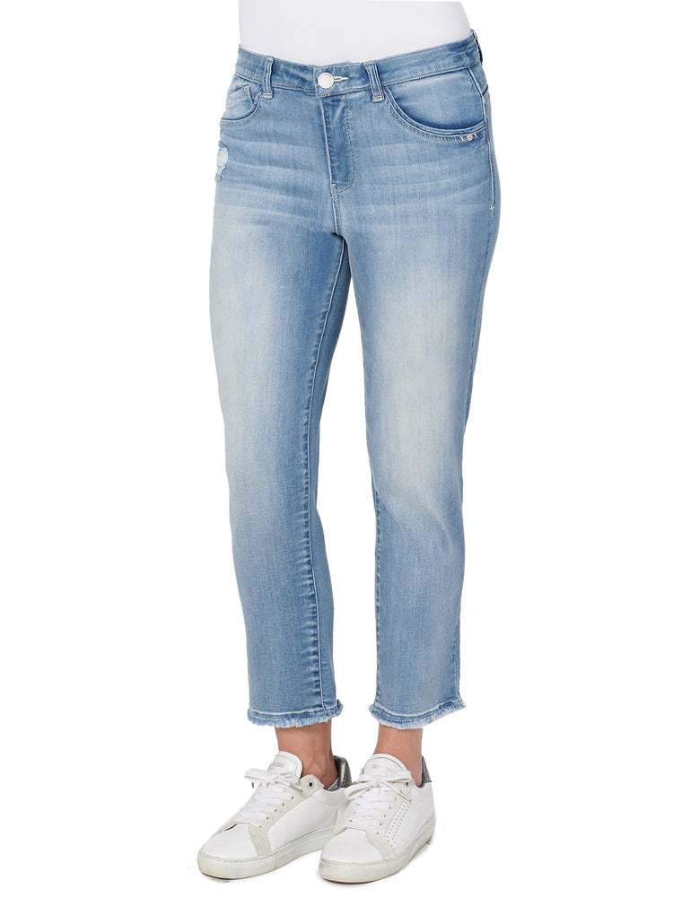 Luxe Touch Premium Stretch Light Blue Distressed Petite Denim "Ab"solution High Rise Slim Straight Leg High Waisted Jeans