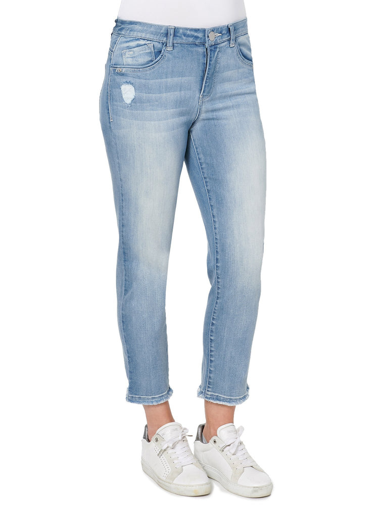 Luxe Touch Premium Stretch Light Blue Distressed Petite Denim "Ab"solution High Rise Slim Straight Leg High Waisted Jeans