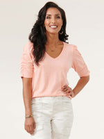 Heather Papaya Elbow Length Ruched Puff Sleeve Petite V Neck Knit Top