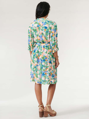 
            
                Load image into Gallery viewer, Willow Green Multi Lantern Sleeve Ruffle Neck Button Down Petite Watercolor Floral Print Woven Dress
            
        