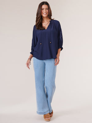 
            
                Load image into Gallery viewer, Navy Blue Three Quarter Embroidered Blouson Sleeve Split Neck Petite Woven Top
            
        