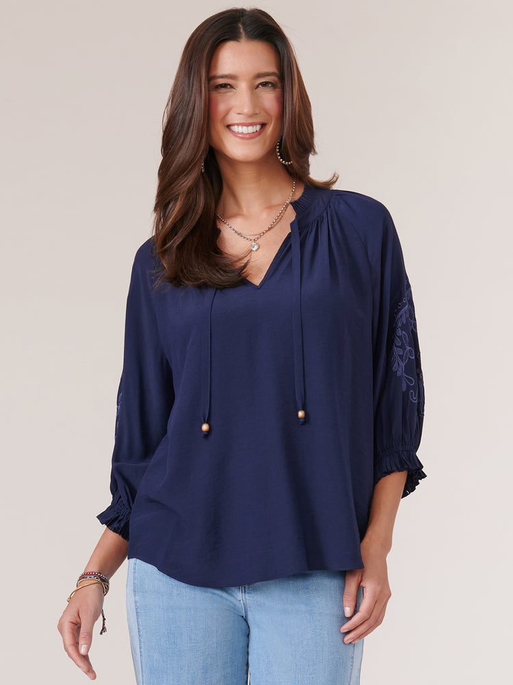 
            
                Load image into Gallery viewer, Navy Blue Three Quarter Embroidered Blouson Sleeve Split Neck Petite Woven Top
            
        