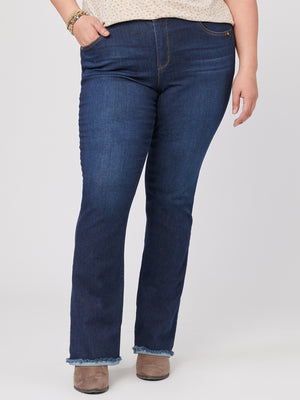 
            
                Load image into Gallery viewer, &amp;quot;Ab&amp;quot;solution High Rise Dark Indigo Denim Itty Bitty Boot Cut Plus Size Jeans Fray Hem
            
        