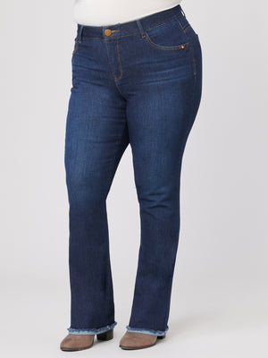 
            
                Load image into Gallery viewer, &amp;quot;Ab&amp;quot;solution High Rise Dark Indigo Denim Itty Bitty Boot Cut Plus Size Jeans Fray Hem
            
        