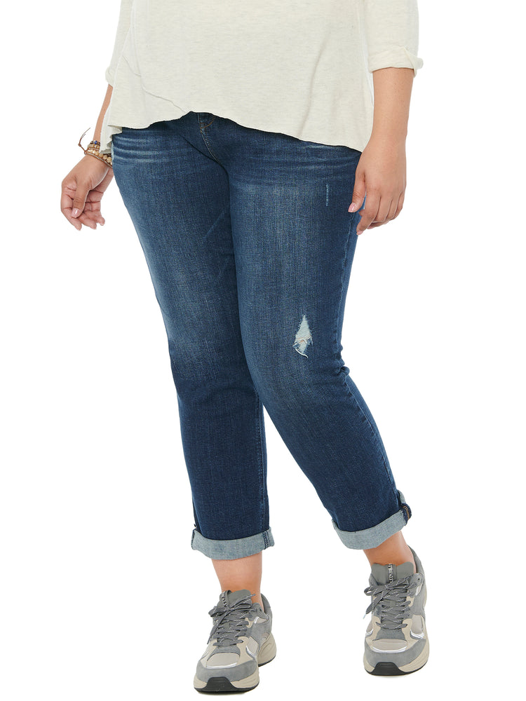 "Ab"solution Distressed Stretch Blue Denim Girlfriend Plus Size Jeans