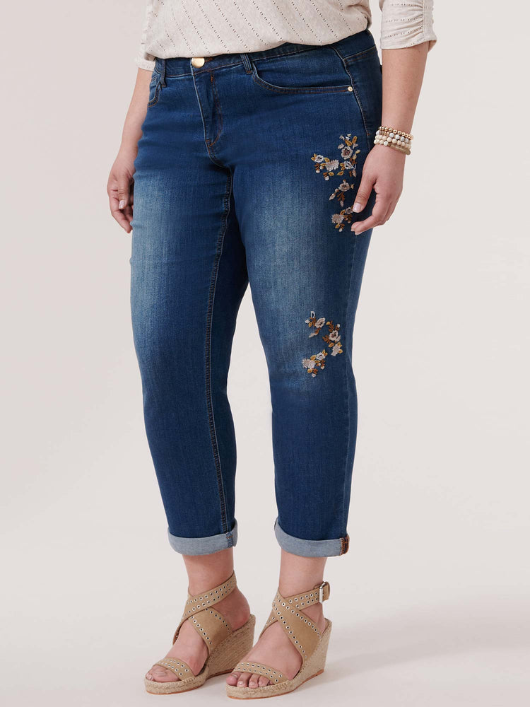 "Ab"solution Blue Denim Roll Cuff Floral Embroidered Plus Size Girlfriend Jean