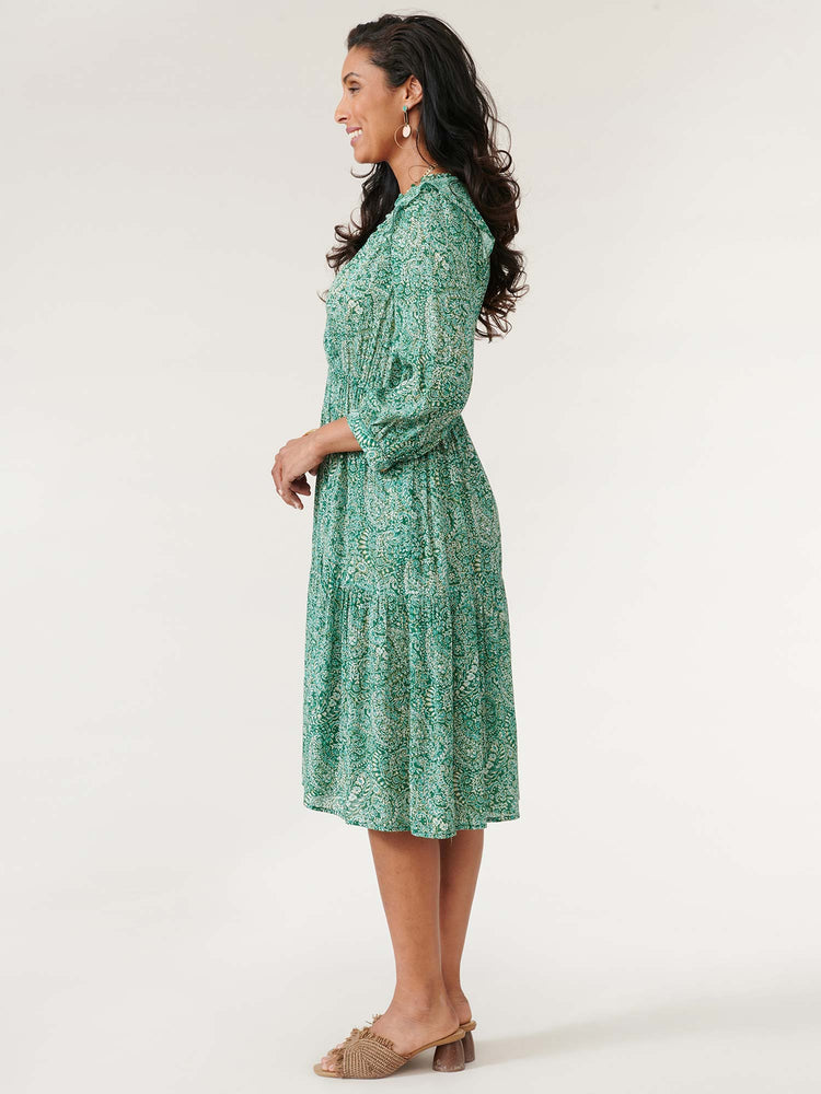 Cypress Green Aqua Mist Three Quarter Sleeve Surplus Neck Floral Print Tiered Plus Size Woven Dress