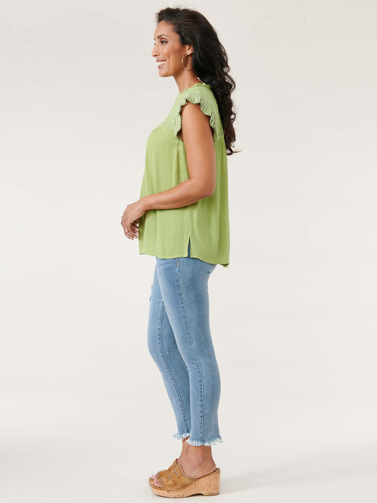 
            
                Load image into Gallery viewer, Kiwi Green Extended Pleated Sleeve Ruffle Neck Plus Woven Top
            
        