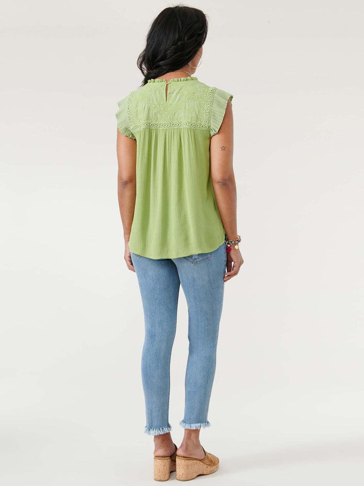 
            
                Load image into Gallery viewer, Kiwi Green Extended Pleated Sleeve Ruffle Neck Plus Woven Top
            
        