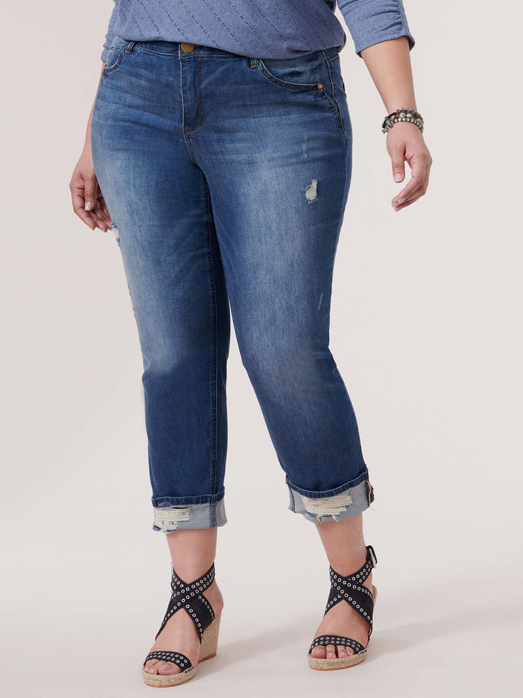 
            
                Load image into Gallery viewer, &amp;quot;Ab&amp;quot;solution High Rise Blue Distressed Plus Size Cuffed Boyfriend Jean
            
        