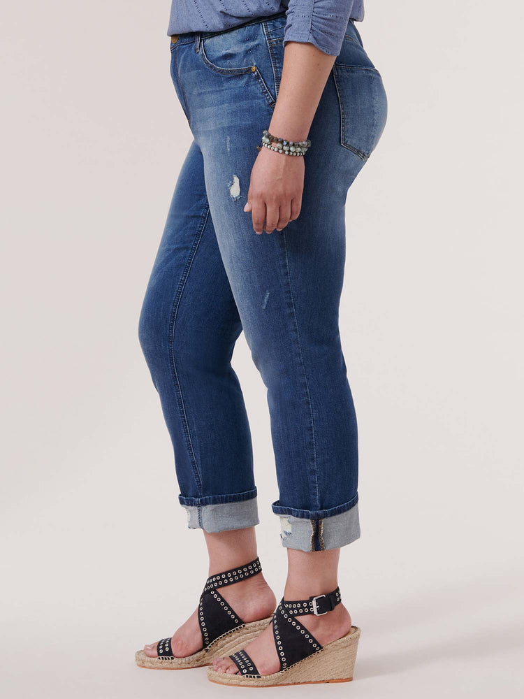 
            
                Load image into Gallery viewer, &amp;quot;Ab&amp;quot;solution High Rise Blue Distressed Plus Size Cuffed Boyfriend Jean
            
        