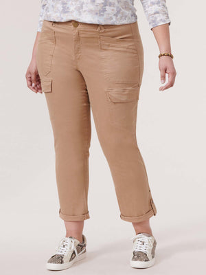 "Ab"solution Warm Sand Tan High Rise Roll Cuff Cargo Pocket Plus Size Utility Pant
