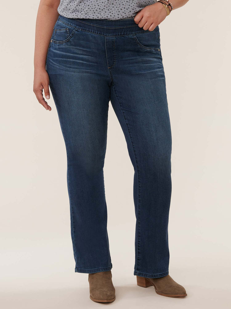 
            
                Load image into Gallery viewer, &amp;quot;Ab&amp;quot;solution High Rise Blue Denim Plus Size Itty Bitty Boot Glider Jeans
            
        